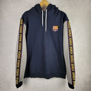 FCB Barcelona Hoodie L Spell Out Logo Navy Gray Sweatshirt Futbol Soccer Gear